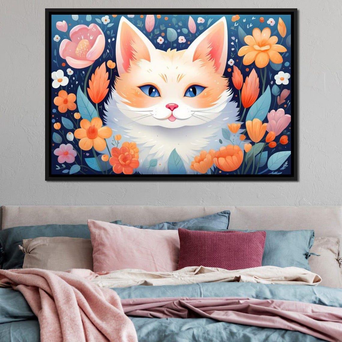 Adorable Kitten Among Orange Pink Flowers Dark Blue Pet Art Poster - Image 3