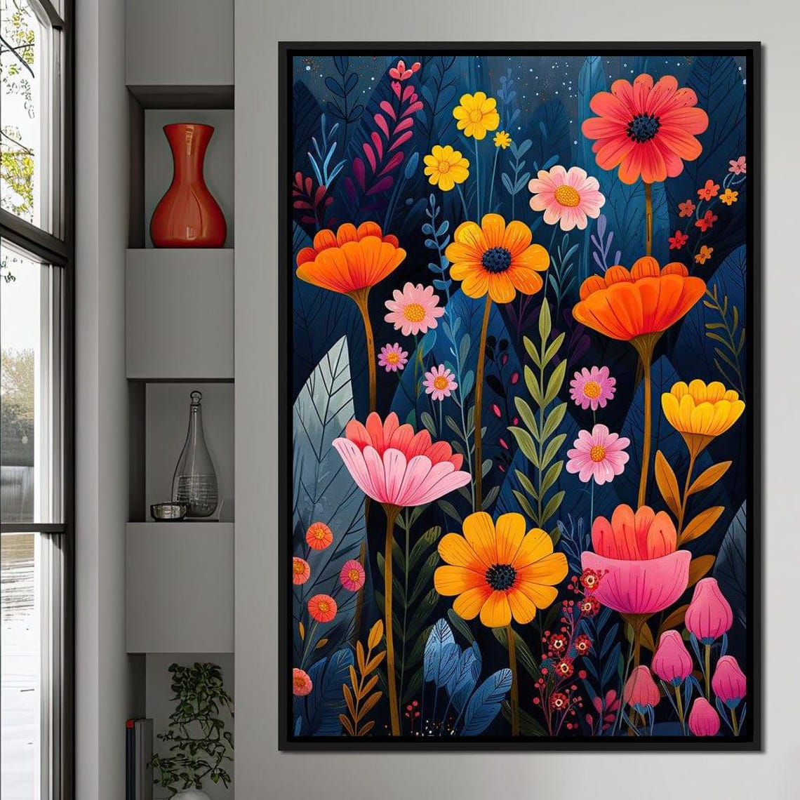 Colorful Wildflowers Moonlit Navy Night Botanical Meadow Wall Art - Image 4