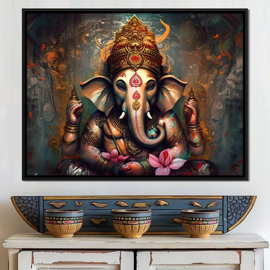 Lord Ganesha Golden Crown Lotus Blossoms Sacred Hindu Blessing Poster