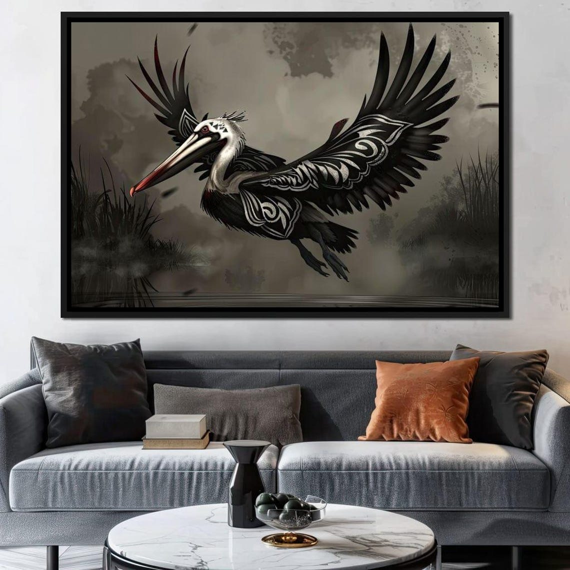 Majestic Pelican Flight Monochrome Tribal Wings Coastal Wall Art - Image 3