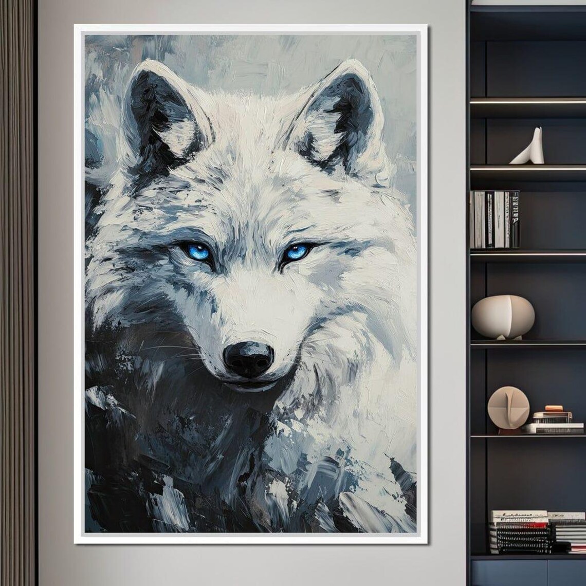 White Wolf Blue Eyes Close Up Painterly Winter Wildlife Wall Art Print - Image 2