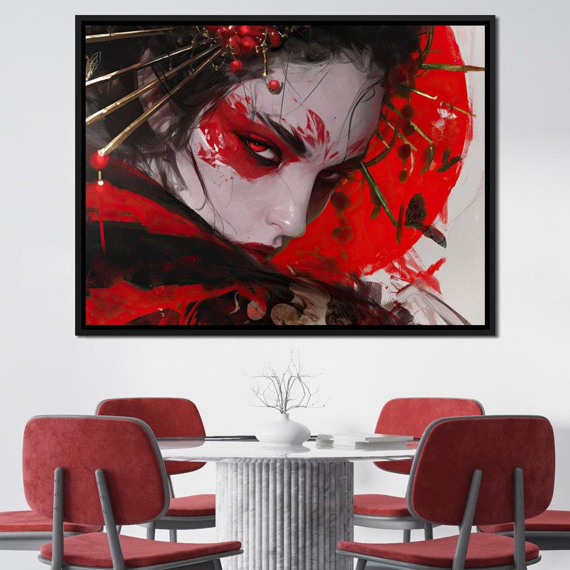 Fiery Geisha Warrior Face Bold Red Kabuki Makeup Dramatic Art Poster - Image 2