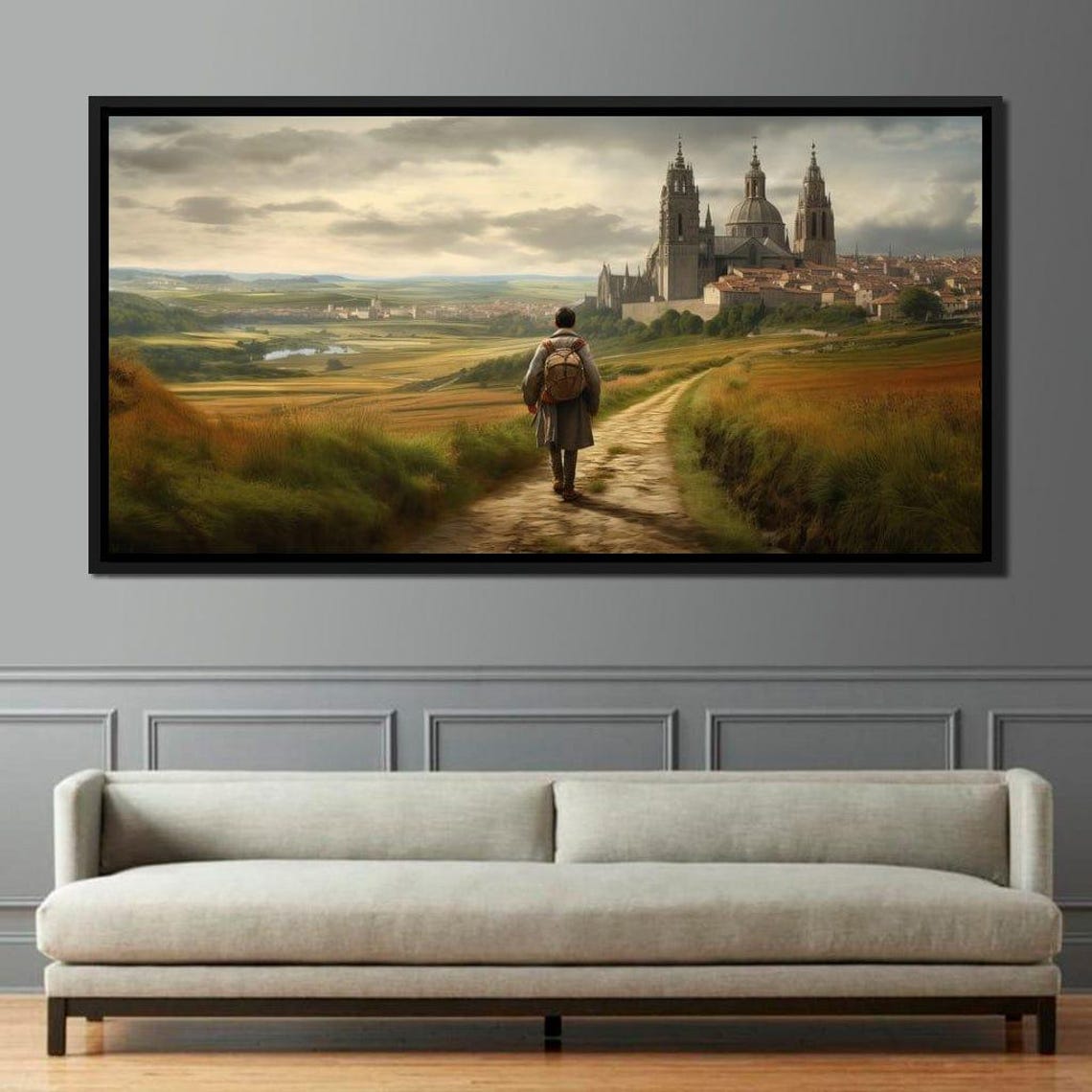 Camino De Santiago Pilgrim Path Cathedral Golden Field Travel Poster