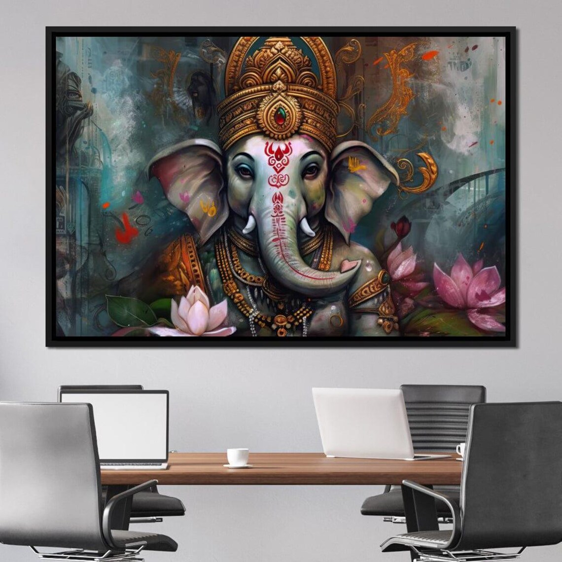 Lord Ganesha Golden Crown Pink Lotus Teal Abstract Spiritual Poster