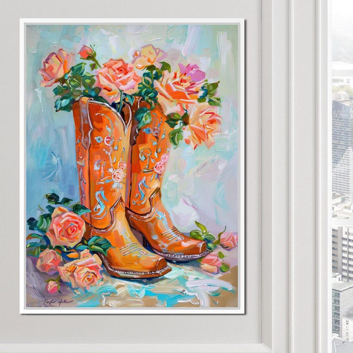 Orange Floral Cowboy Boots Roses Rustic Country Western Wall Poster - Image 4