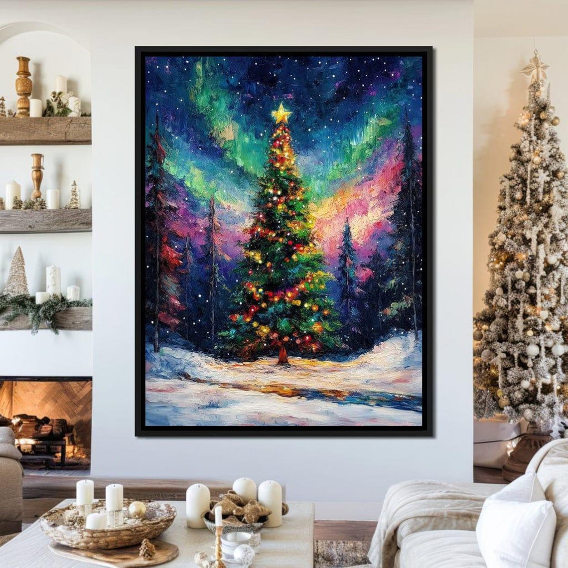 Christmas Tree Under Northern Lights Starry Winter Night Poster - Image 4