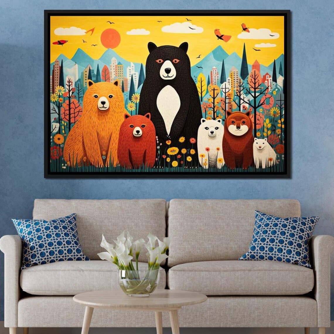 Cute Cartoon Bears Family Flower Meadow City Skyline Kids Room Poster - Image 3