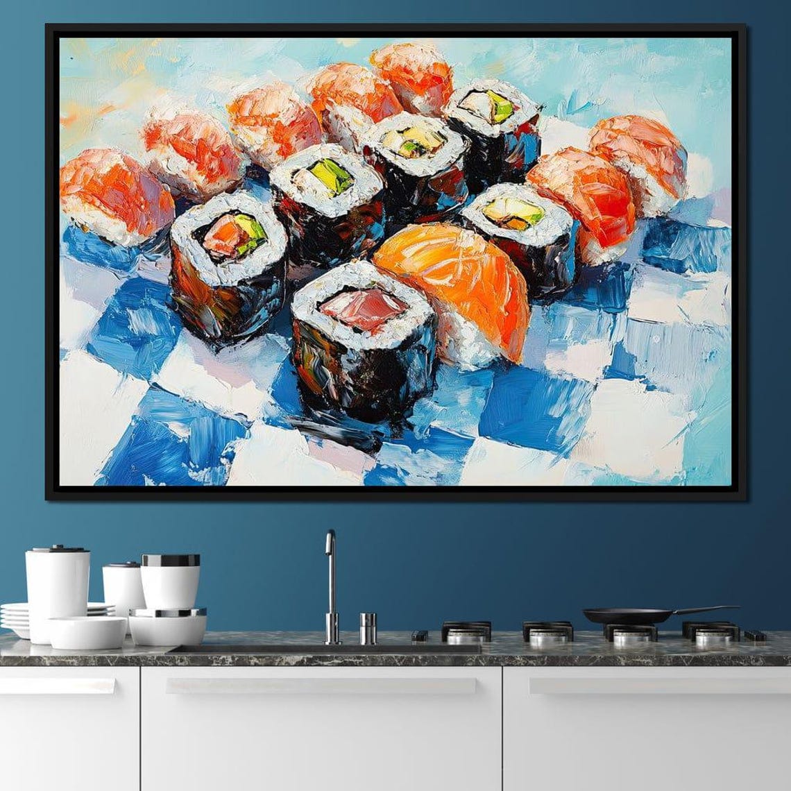 Sushi Maki Rolls Salmon Nigiri Blue Checkered Impasto Kitchen Poster
