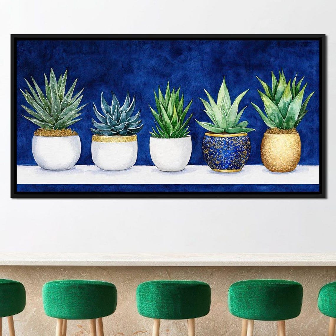 Five Potted Succulents And Agave On Deep Navy Blue Botanical Wall Art - Image 3