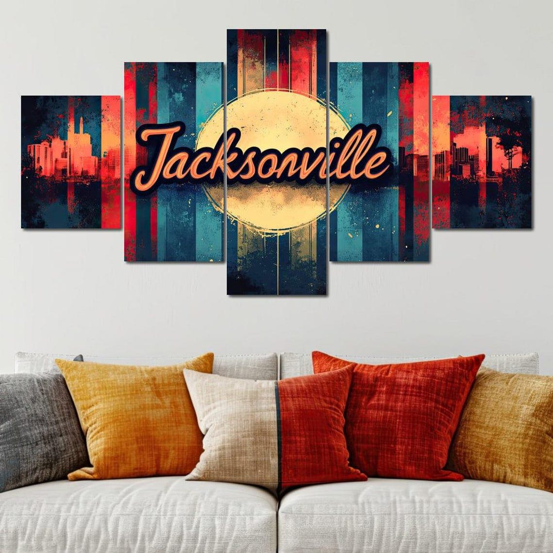 Jacksonville Retro Sunset Skyline Script Typography Multi Panel Print