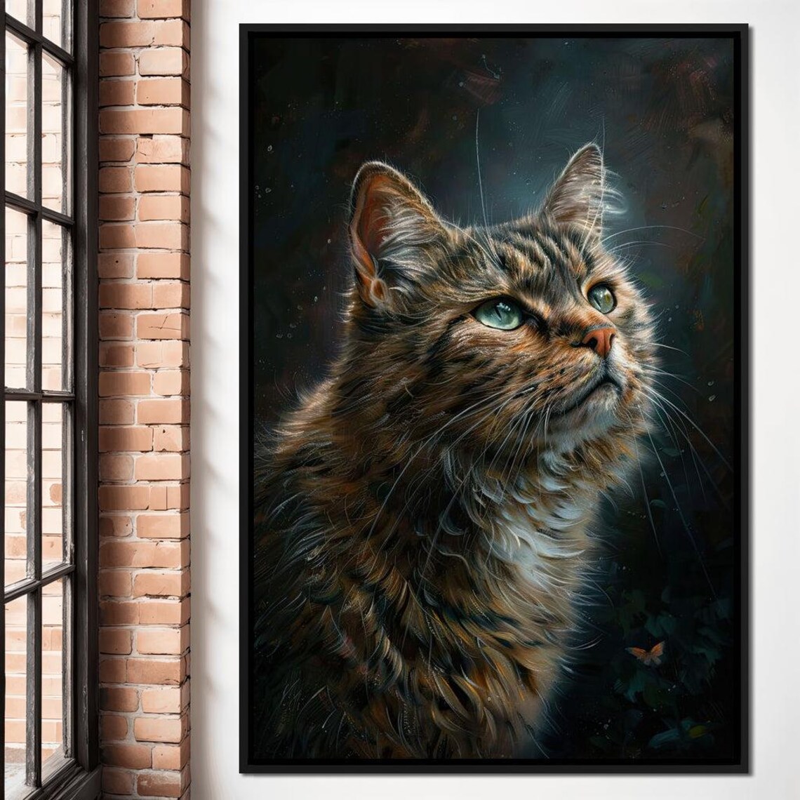 Tabby Cat Green Eyes Portrait Long Haired Kitty Dark Painterly Wall Art - Image 3