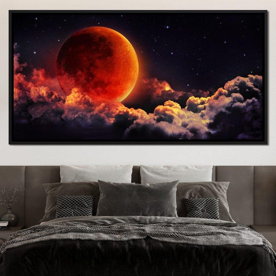 Red Moon Cosmic Wall Art Lunar Decor Night Sky Art Abstract Moon Celestial Wall Art Dark Fantasy Space By Nichecanvas