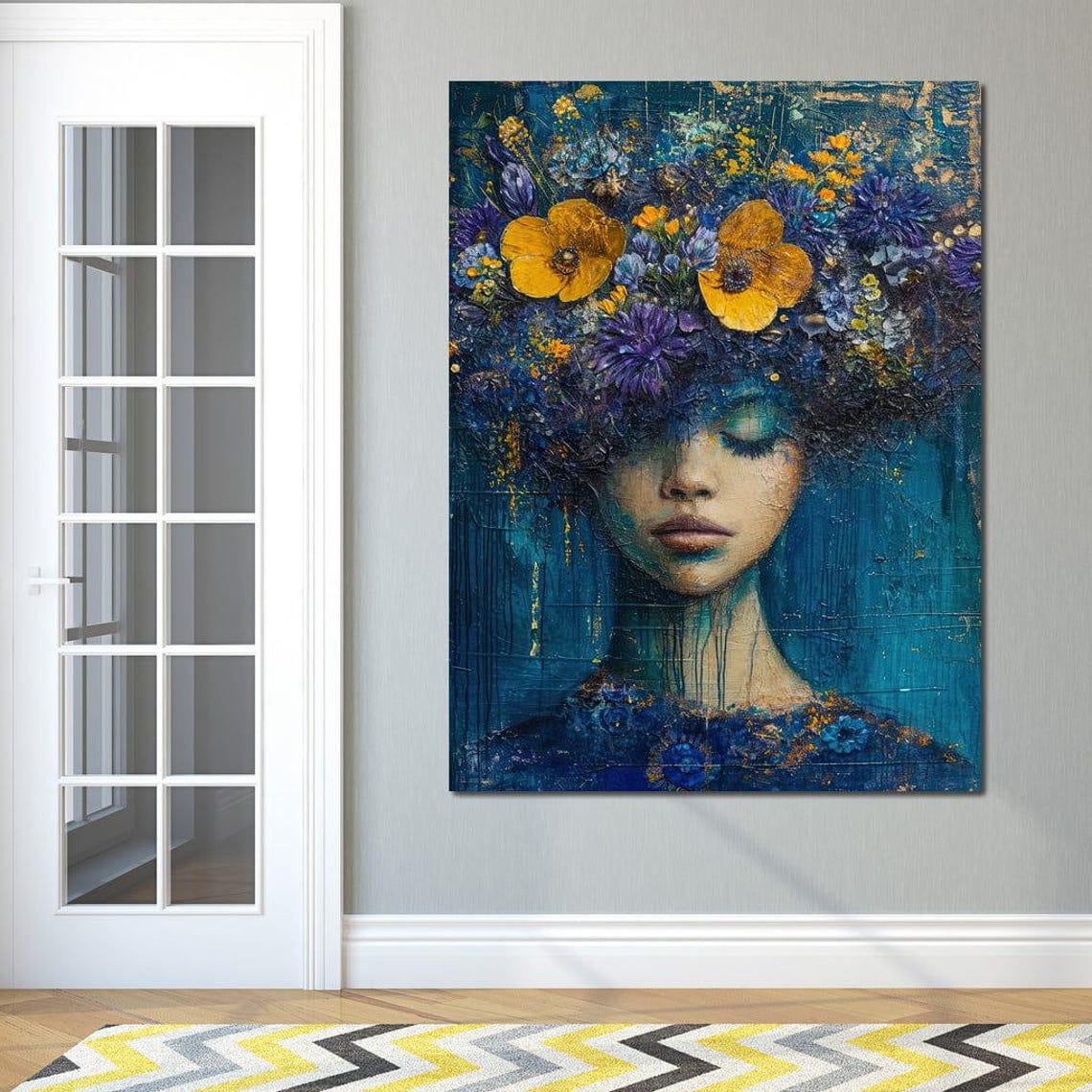 Indigo Floral Dreams Deep Blue Bloom Portrait Surreal Wall Art - Image 3