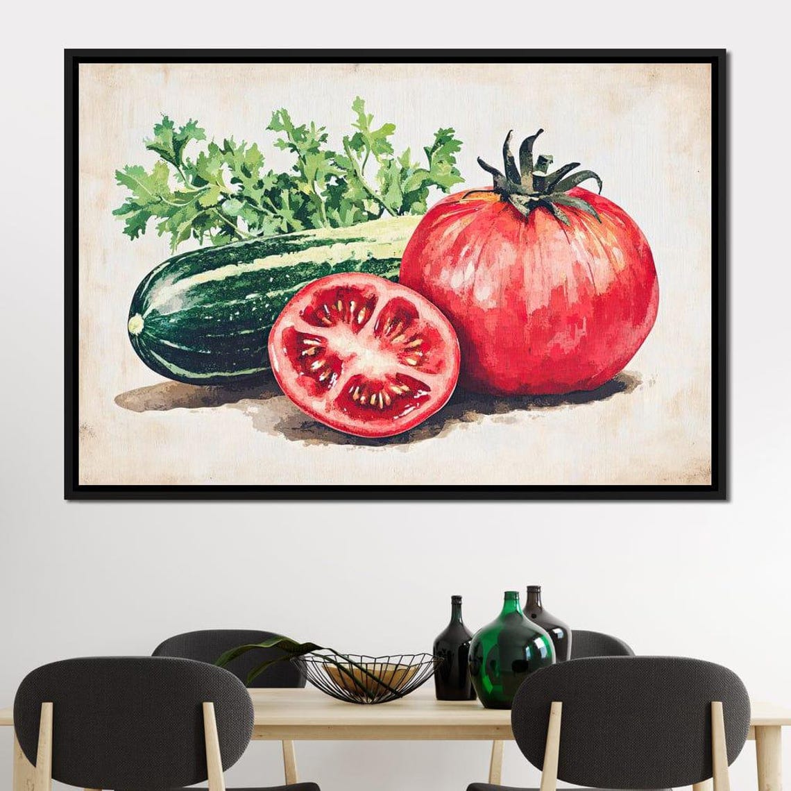 Red Tomato Half Slice Cucumber Parsley Watercolor Kitchen Wall Art - Image 4