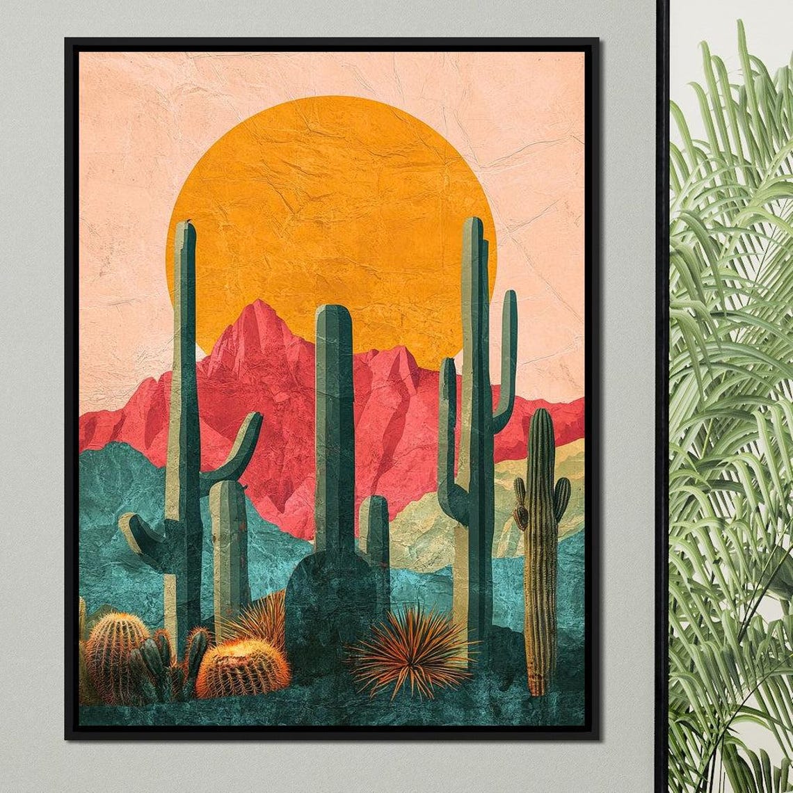 Desert Cactus Sunset Large Sun Red Mountains Southwestern Art Print