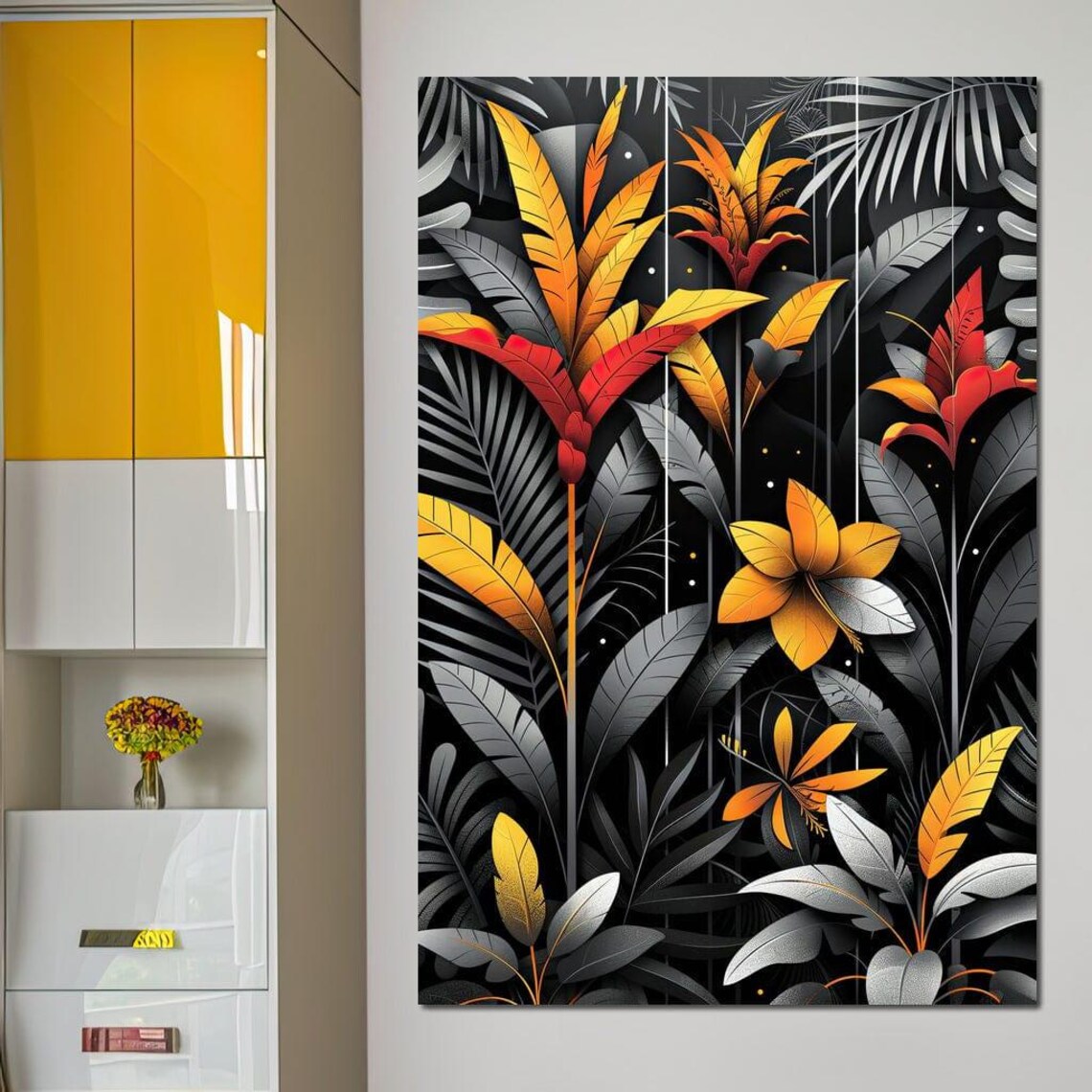 Golden Tropical Leaves Fiery Blooms Black Jungle Night Wall Art - Image 4