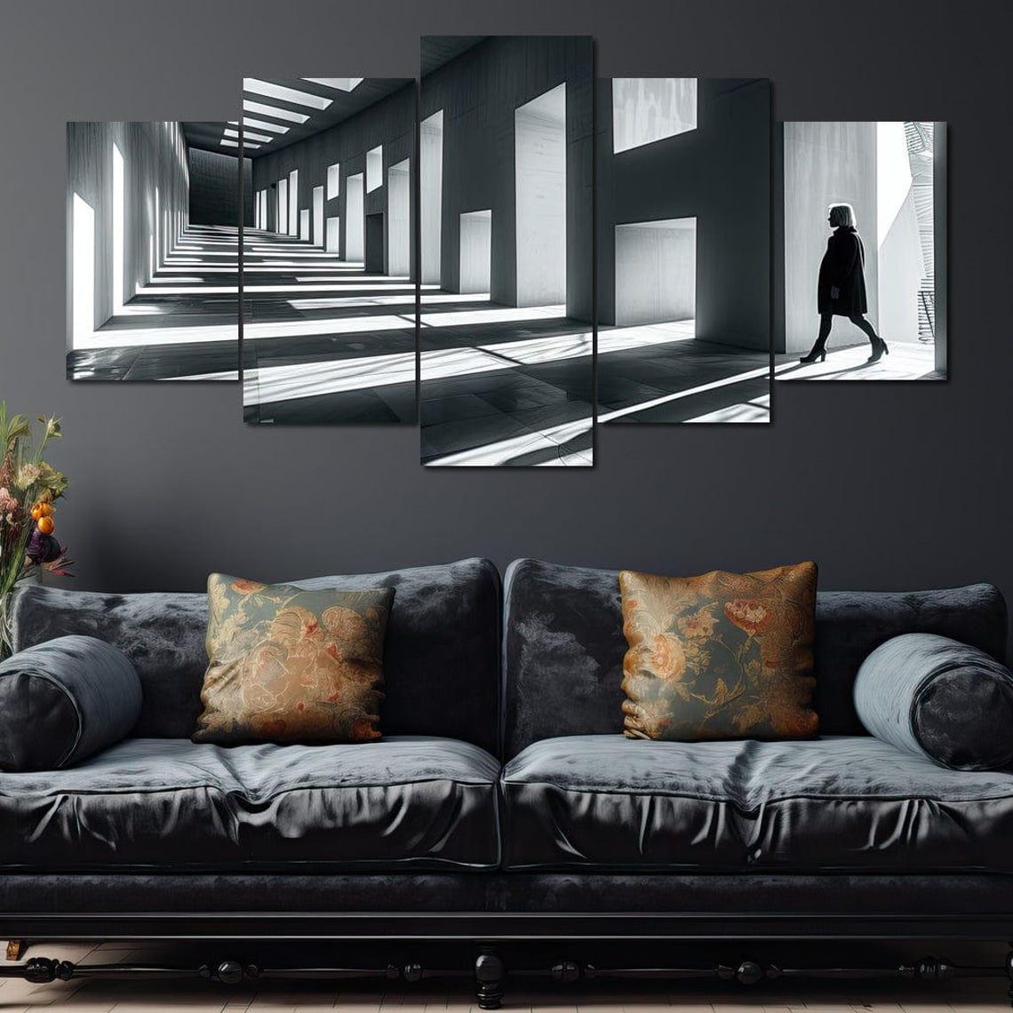 Black And White Concrete Corridor Dramatic Light Shadow Lines Print - Image 4