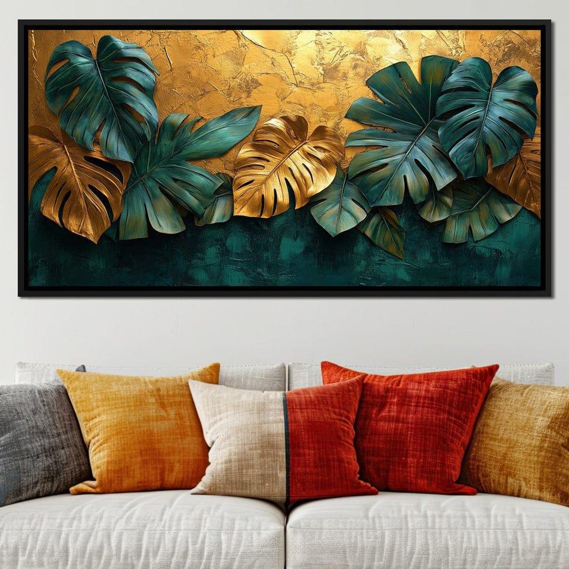 Golden Monstera Leaves Green Teal Luxe Botanical Elegance Wall Art - Image 2