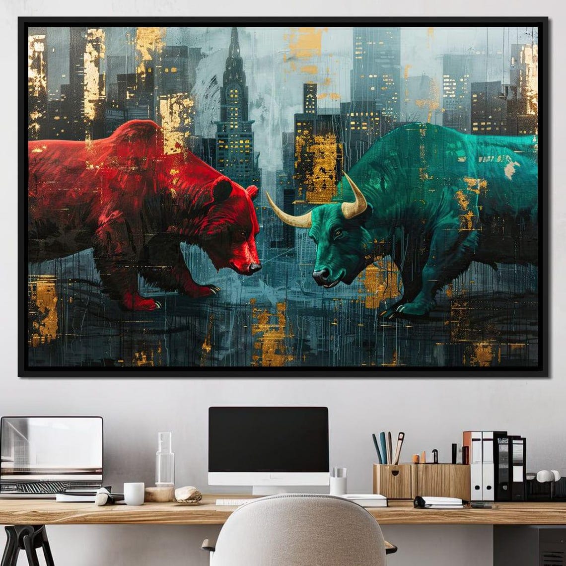 Bear Versus Bull Night City Finance Clash Golden Artwork Poster - Image 4