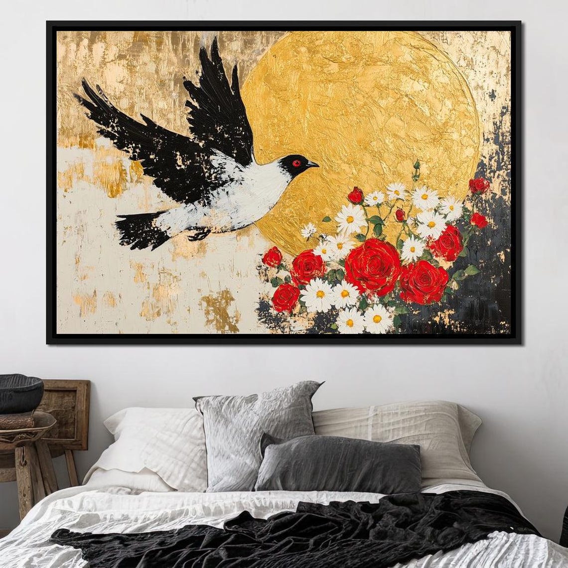 Black White Dove Gold Moon Red Roses Cream Modern Flight Bird Poster - Image 3