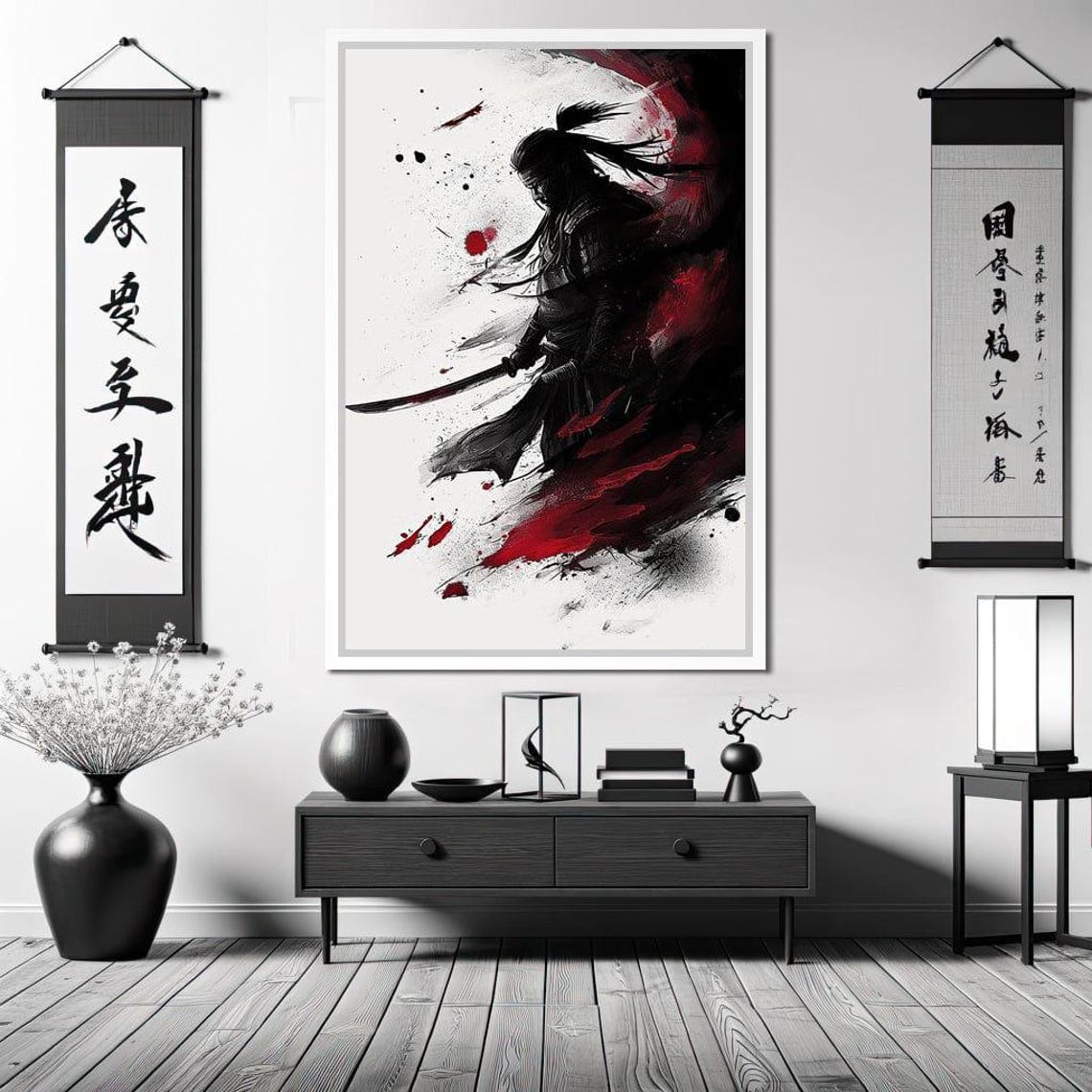 Samurai Warrior Silhouette Katana Black Red Ink Splash Wall Art - Image 3