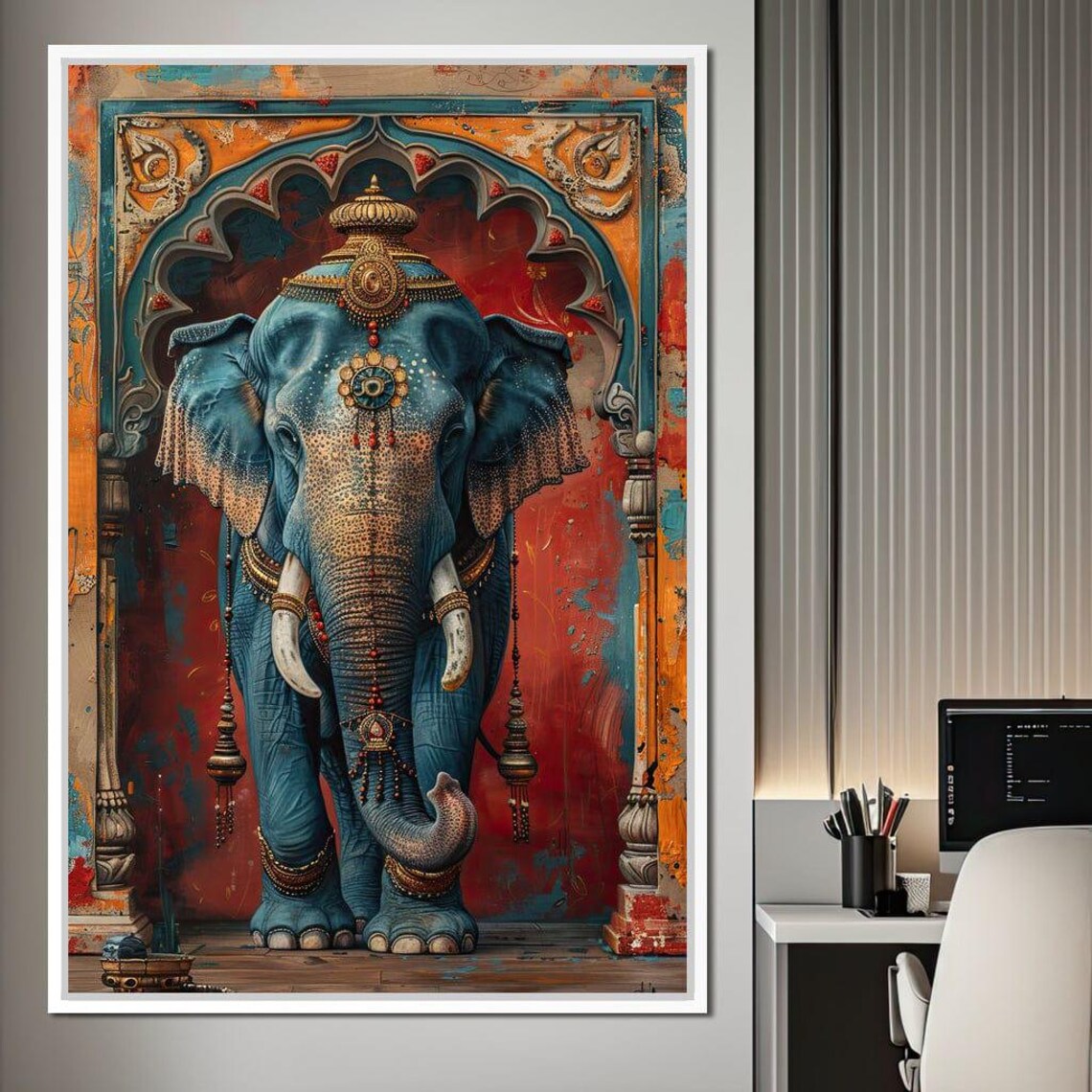Sapphire Blue Decorated Indian Elephant Gold Jewelry Arch Poster - Image 4