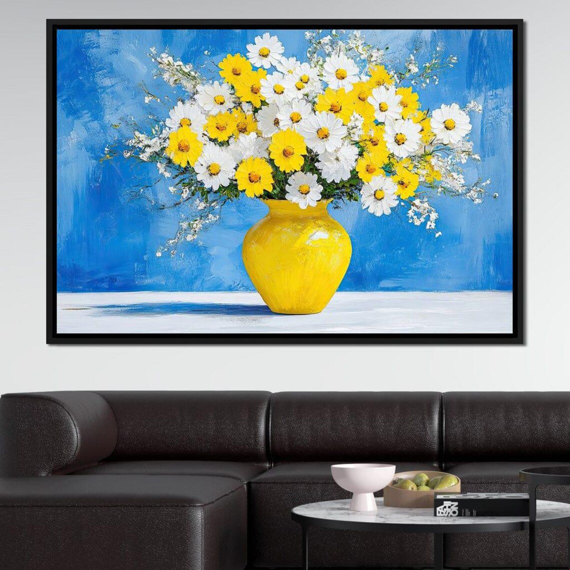 Yellow And White Daisies In A Yellow Vase Blue Floral Poster - Image 2