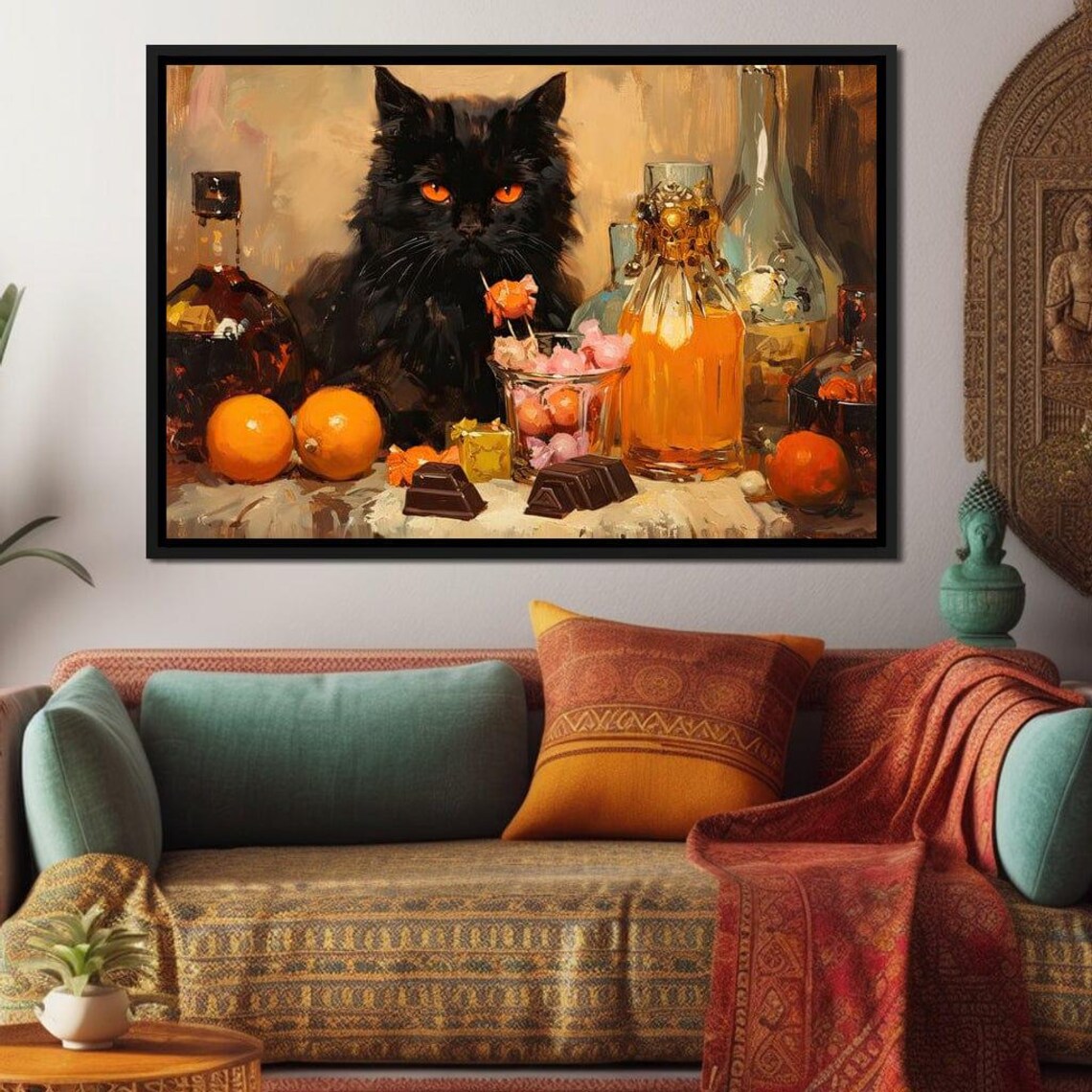 Black Cat Still Life Oranges Chocolate Whiskey Vintage Style Art Poster - Image 2