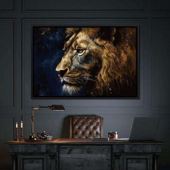 Golden Lion On Blue Background Majestic Wall Art Bold Home Decor Regal Lion Print Artistic Animal Portrait By Nichecanvas