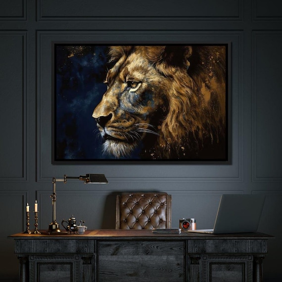 Golden Lion Profile Dark Blue Background Regal Wildlife Art Poster