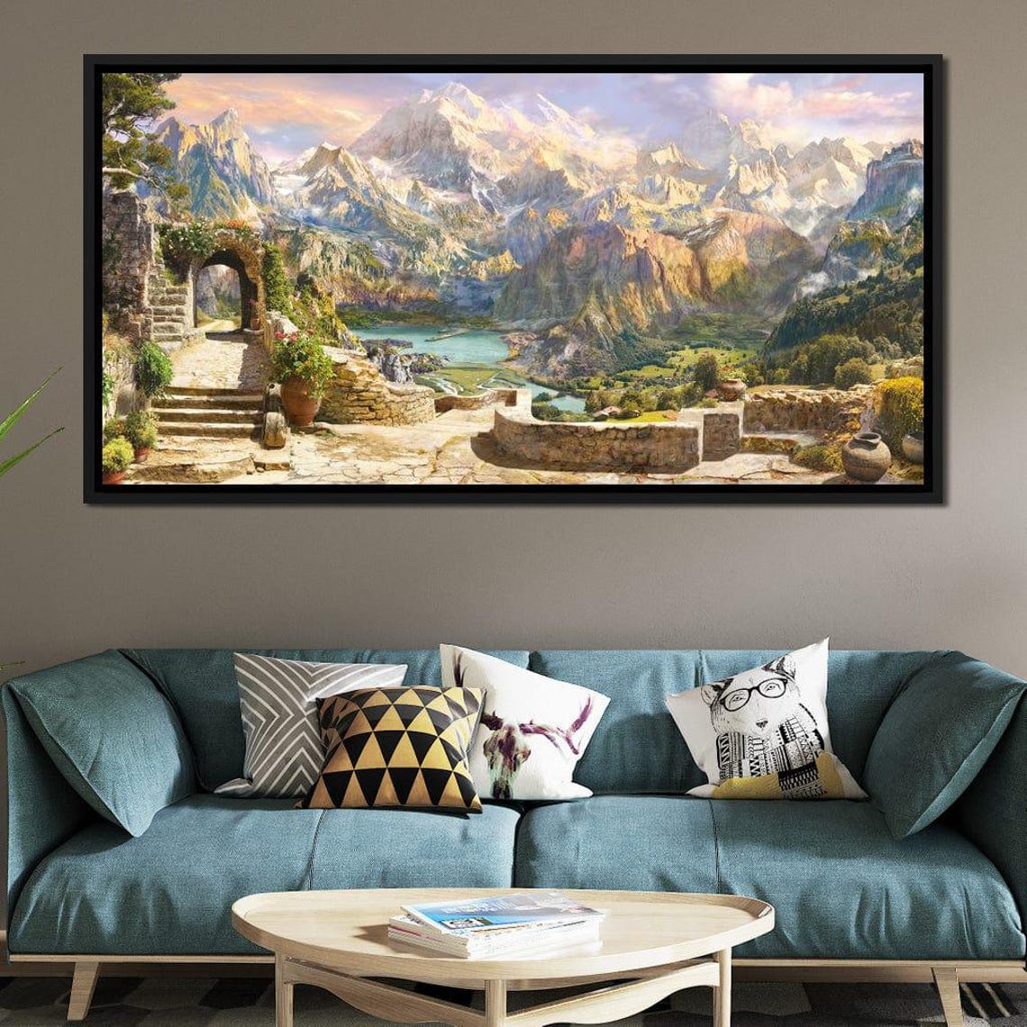 Majestic Mountain Valley Lake View Stone Terrace Fantasy Art Poster - Image 2