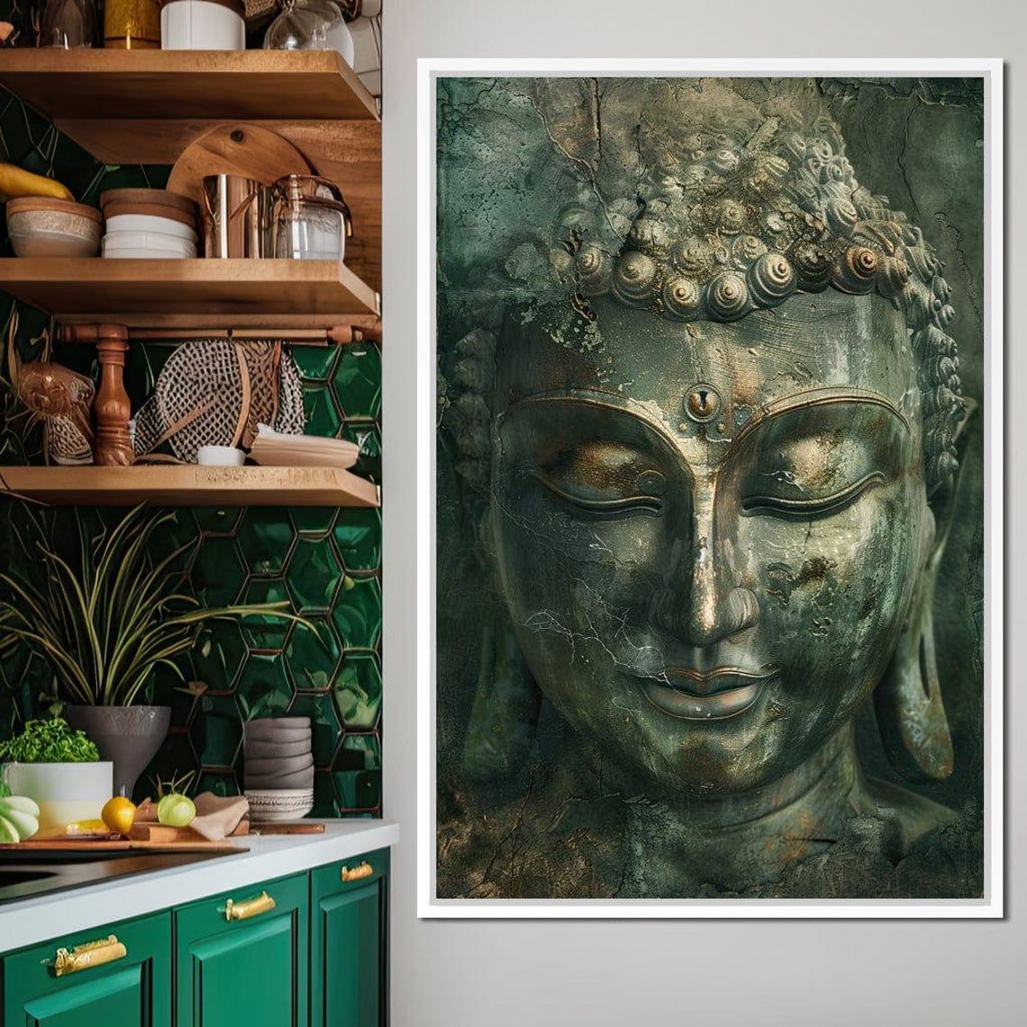 Tranquil Buddha Face Aged Bronze Sculpture Zen Meditation Art Poster - Image 3
