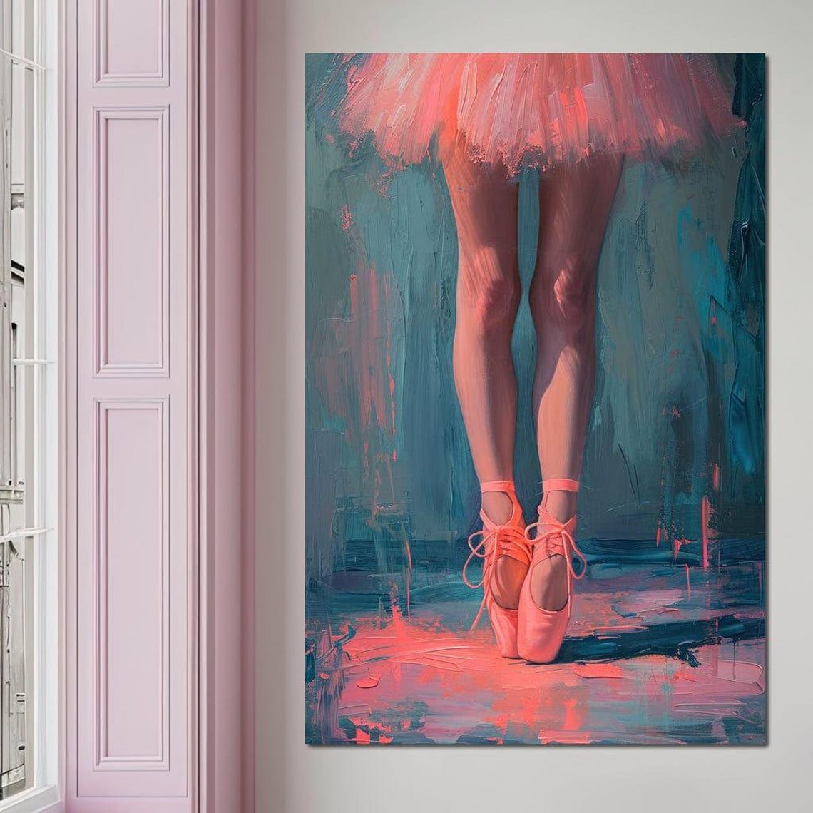 Ballerina Pointe Shoes Pink Tutu Teal Canvas Dance Art Wall Poster - Image 2