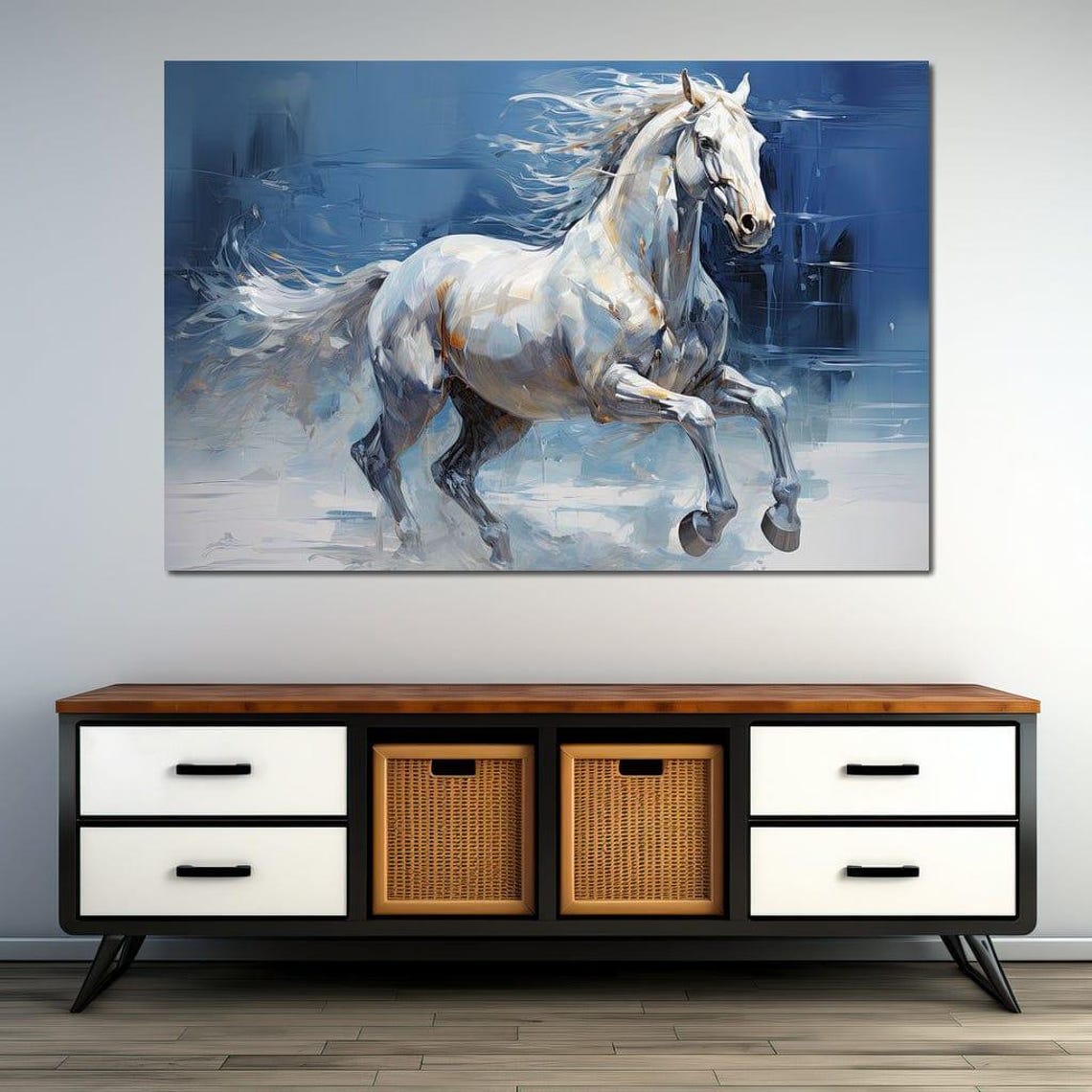 White Horse Galloping Sapphire Winter Wind Majestic Equine Art Poster - Image 2