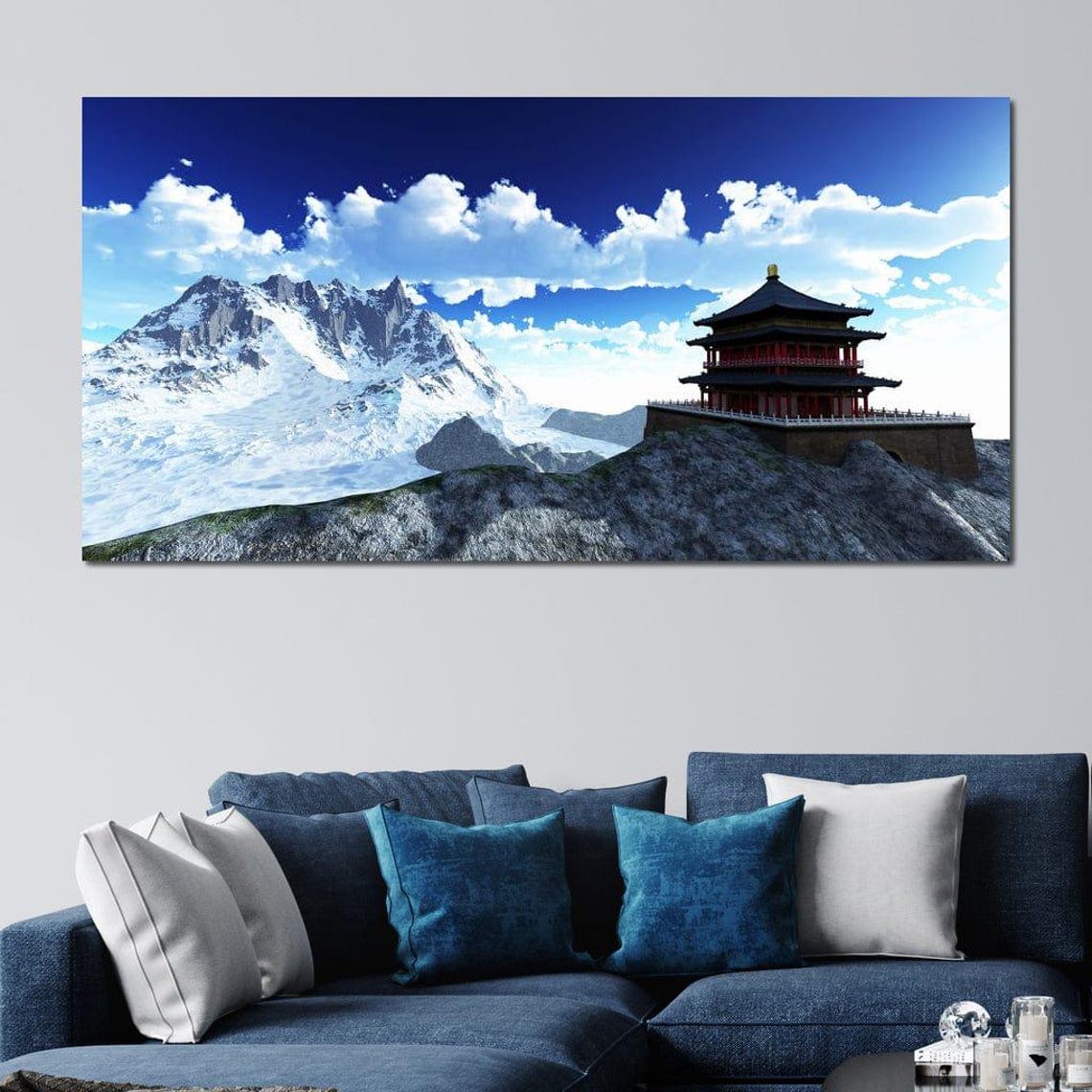 Serene Mountain Temple Peak Snowy Buddhist Shrine Landscape Poster - Image 3