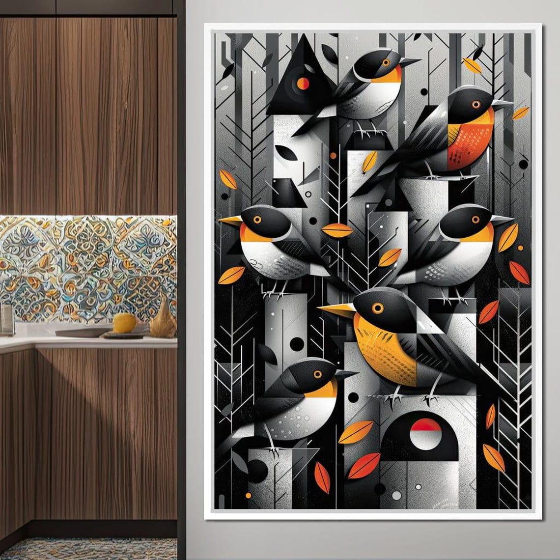 Six Geometric Songbirds Orange Breasts Autumn Forest Wall Art - Image 2