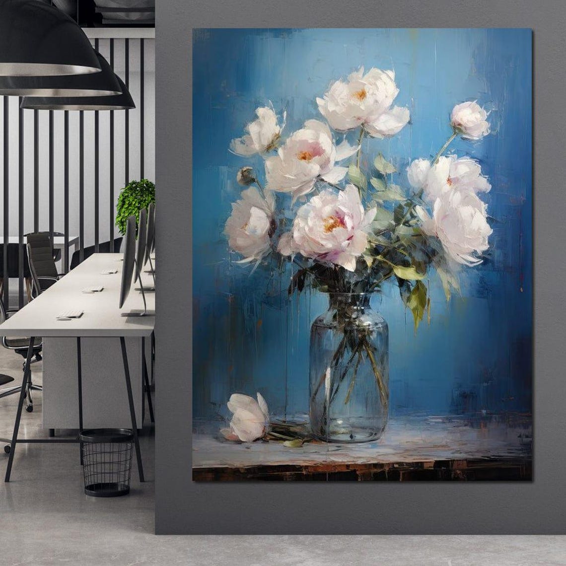 White Peony Bouquet Glass Vase Serene Blue Floral Wall Art Poster - Image 4