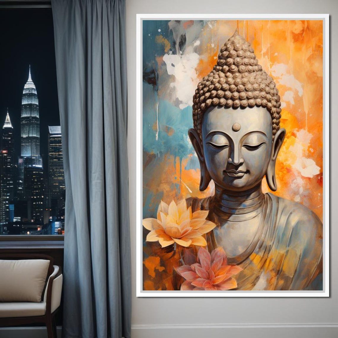 Buddha Portrait Orange Lotus Zen Meditation Spiritual Wall Art Poster - Image 4