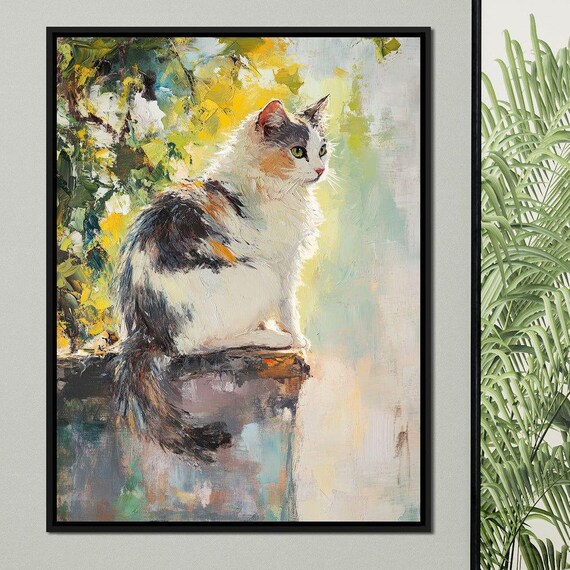 Calico Cat Sunlight Impressionist Painting Garden Sitting Feline Art Poster