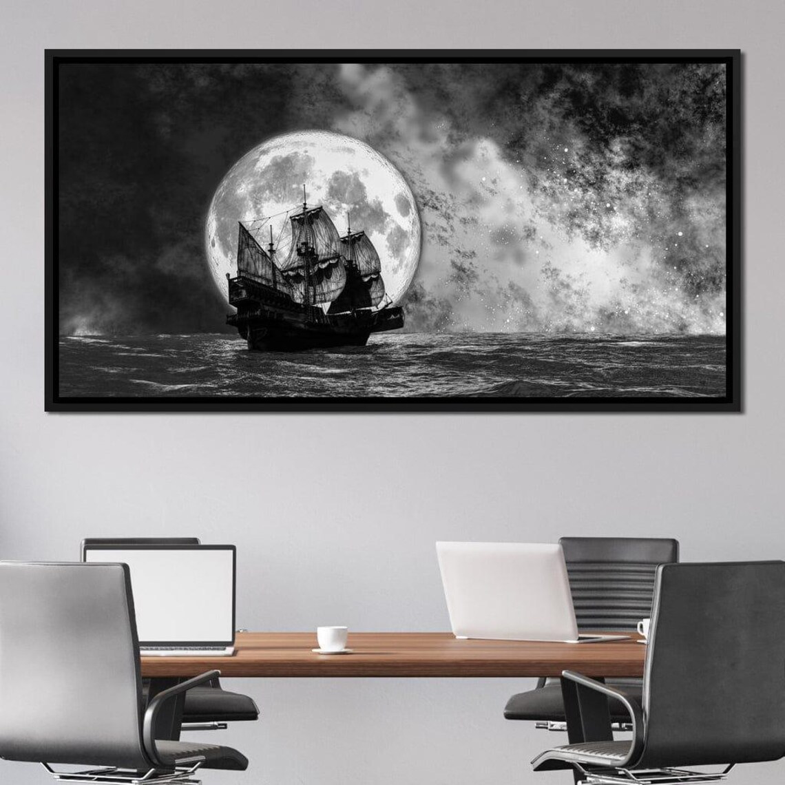 Sailing Under The Full Moon Nautical Decor Moonlit Sailing Black And White Maritime Art Seascape Wall Art By Nichecanvas - Image 2
