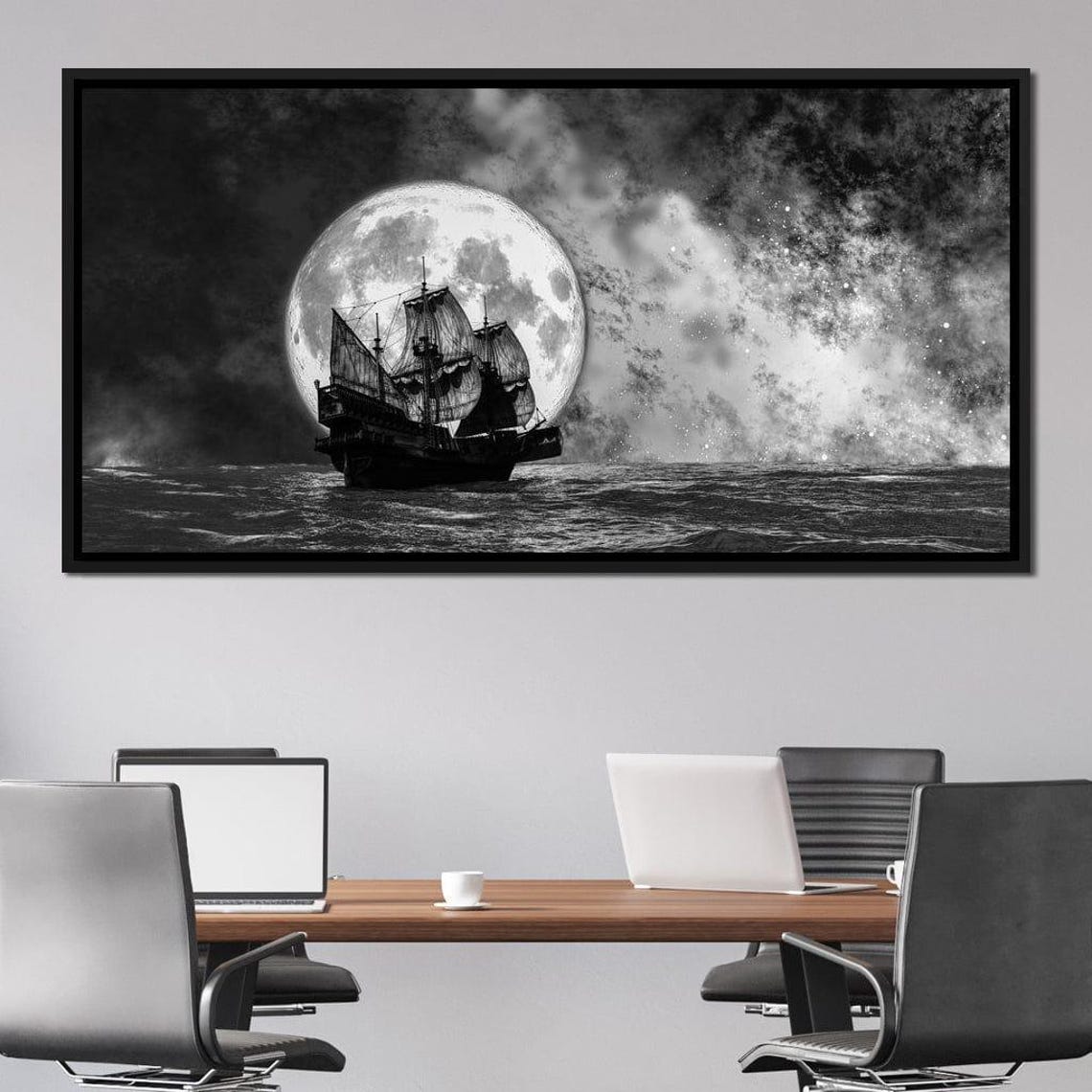 Tall Ship Sailing Full Moon Night Black White Maritime Wall Art - Image 2