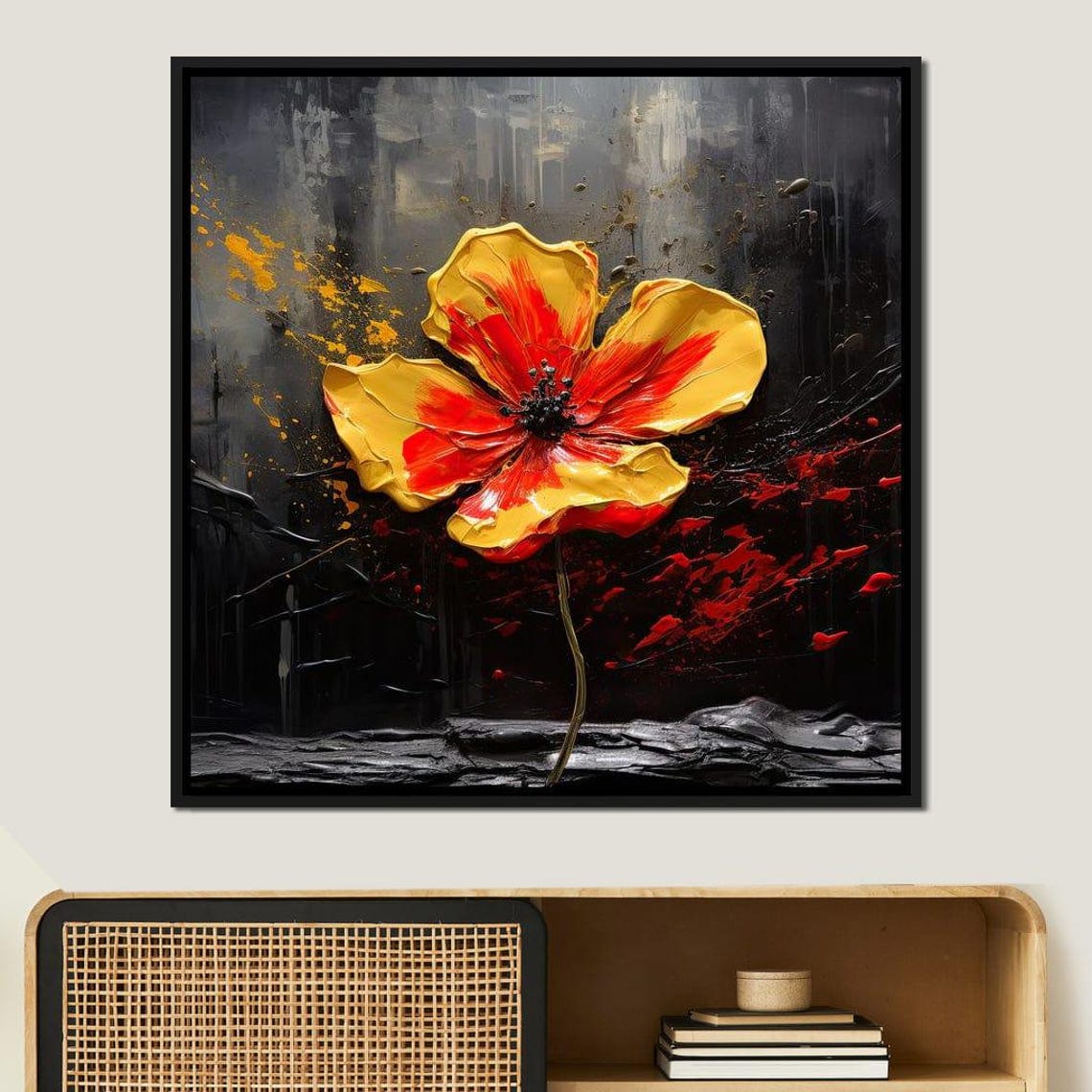 Amber Noir Blossom Burst Golden Flower Dark Splatter Art Poster