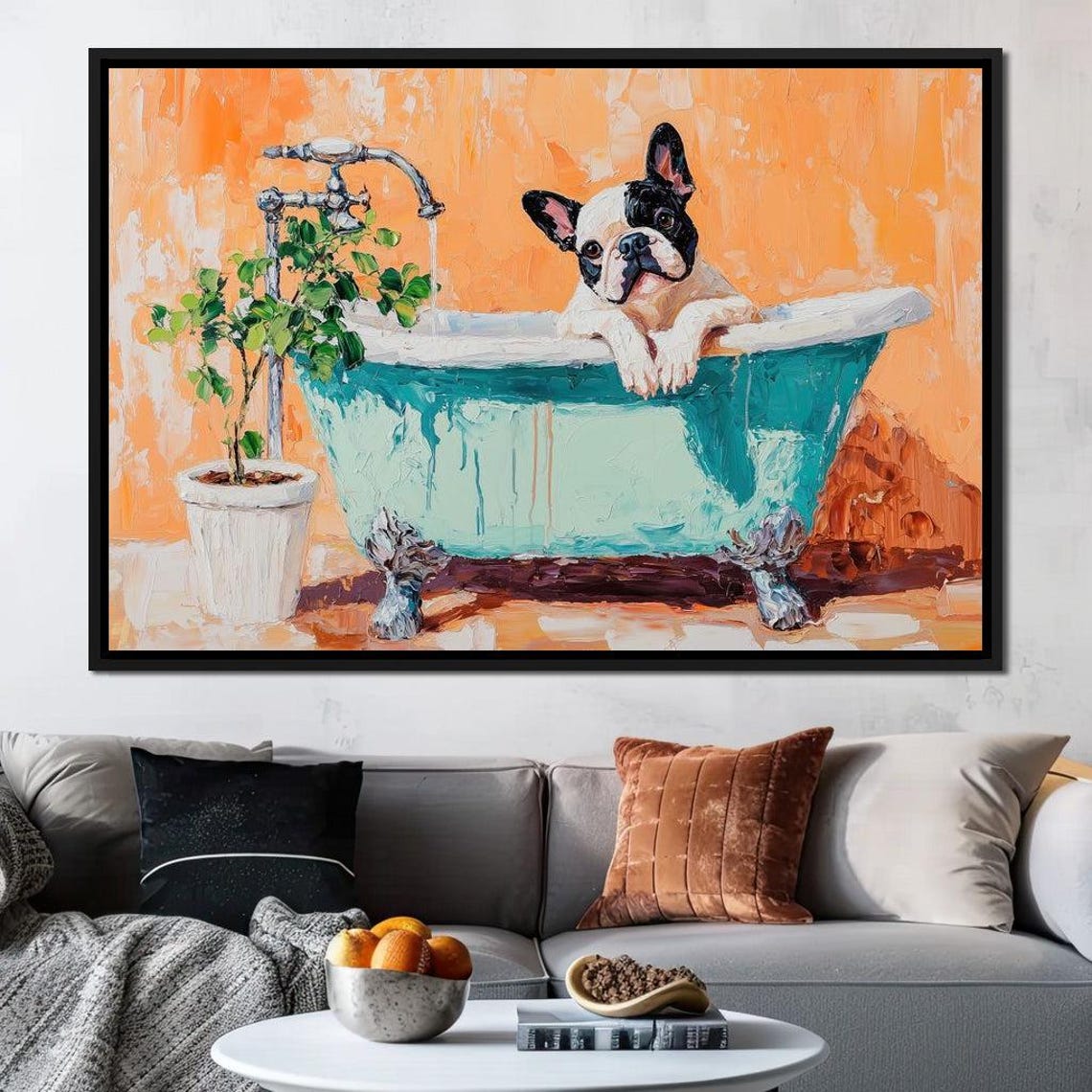 French Bulldog Bath Time Blue Tub Orange Wall Cute Pet Art Poster - Image 2