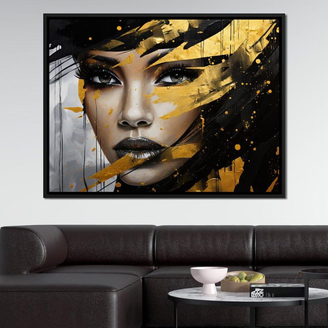 Black Gold Urban Chic Woman Paint Splatter Face Dramatic Art Print - Image 2