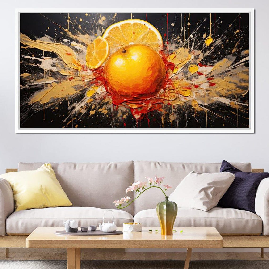 Exploding Orange Citrus Juice Splash On Black Five Panel Wall Art - Image 2