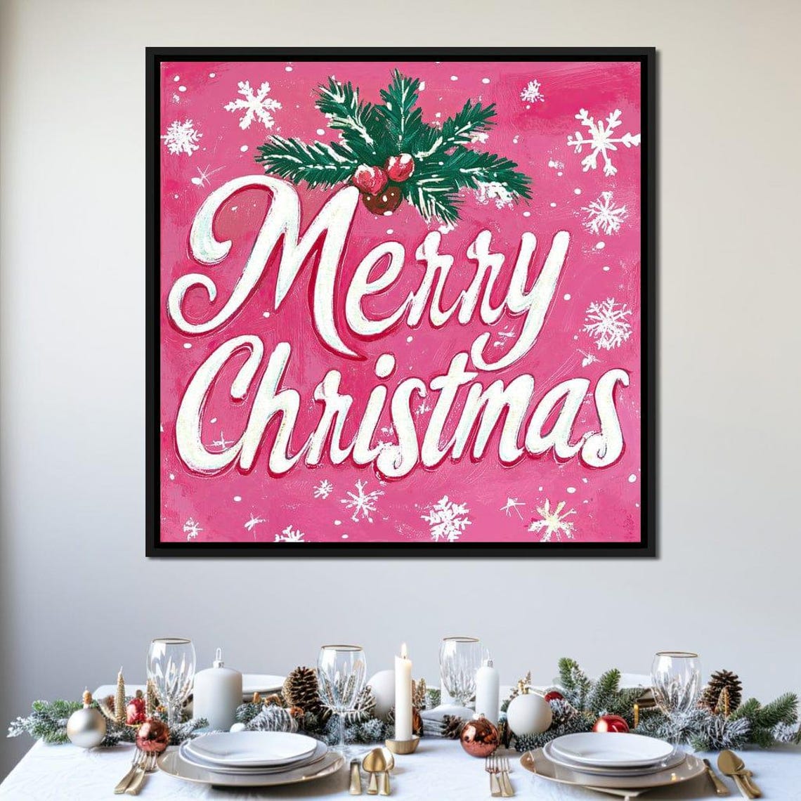 Merry Christmas Pink Script Sign Snowy Pine Snowflakes Art Poster - Image 3