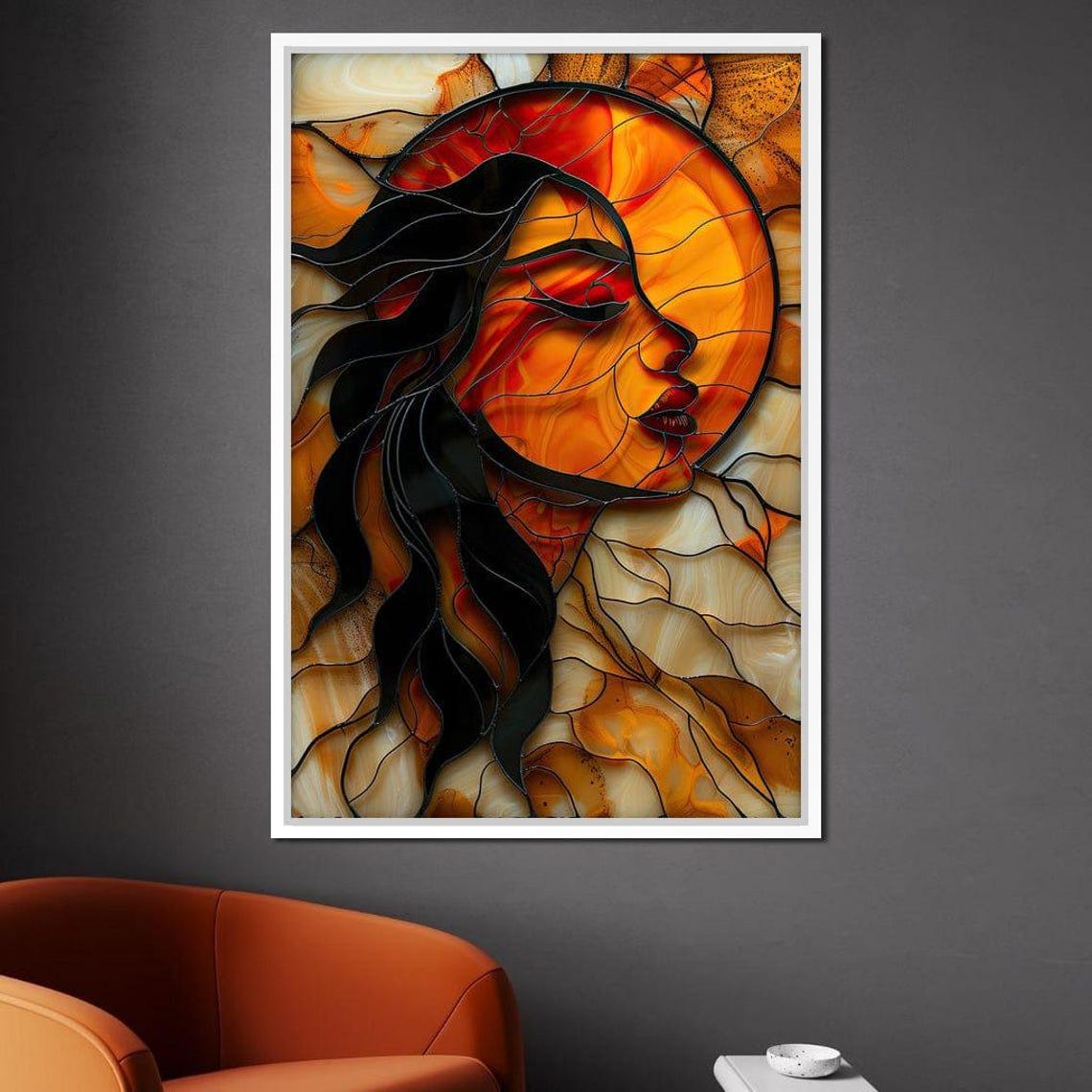 Sunlit Muse Stained Glass Woman Silhouette With Blazing Sun Art Poster - Image 2