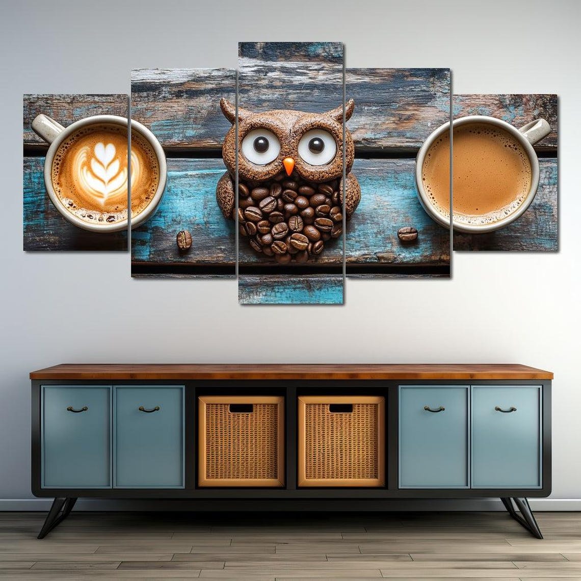 Coffee Bean Owl With Two Espresso Cups Rustic Multi Panel Poster
