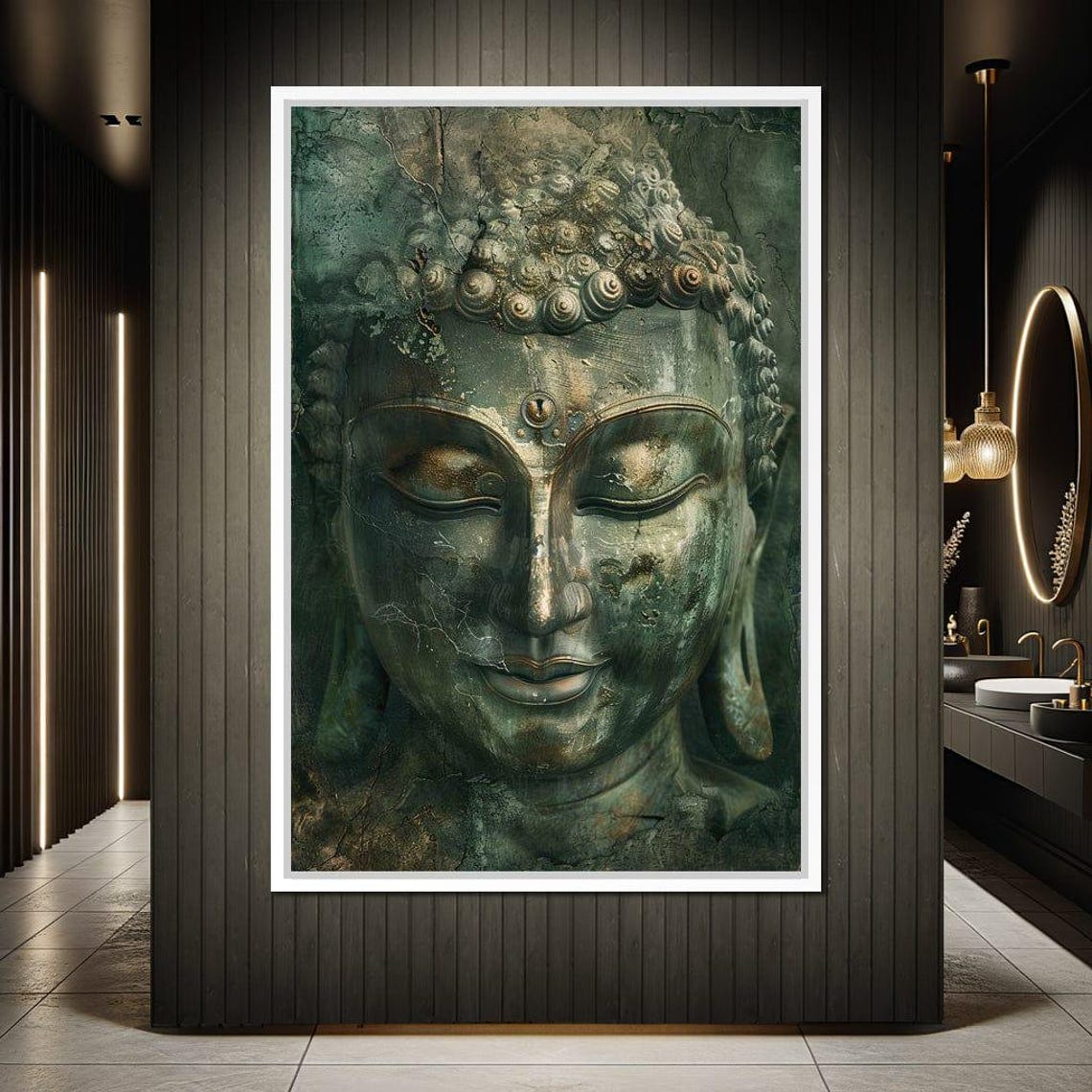 Tranquil Buddha Face Aged Bronze Sculpture Zen Meditation Art Poster - Image 2