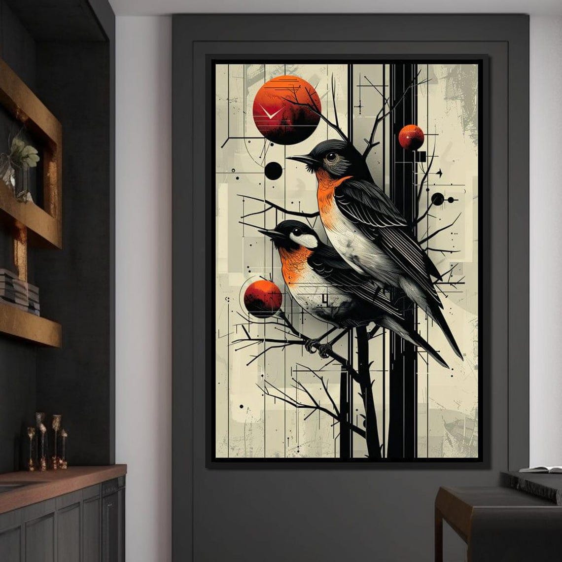 Pair of Robins Bare Branches Modern Abstract Bird Art Poster - Image 4